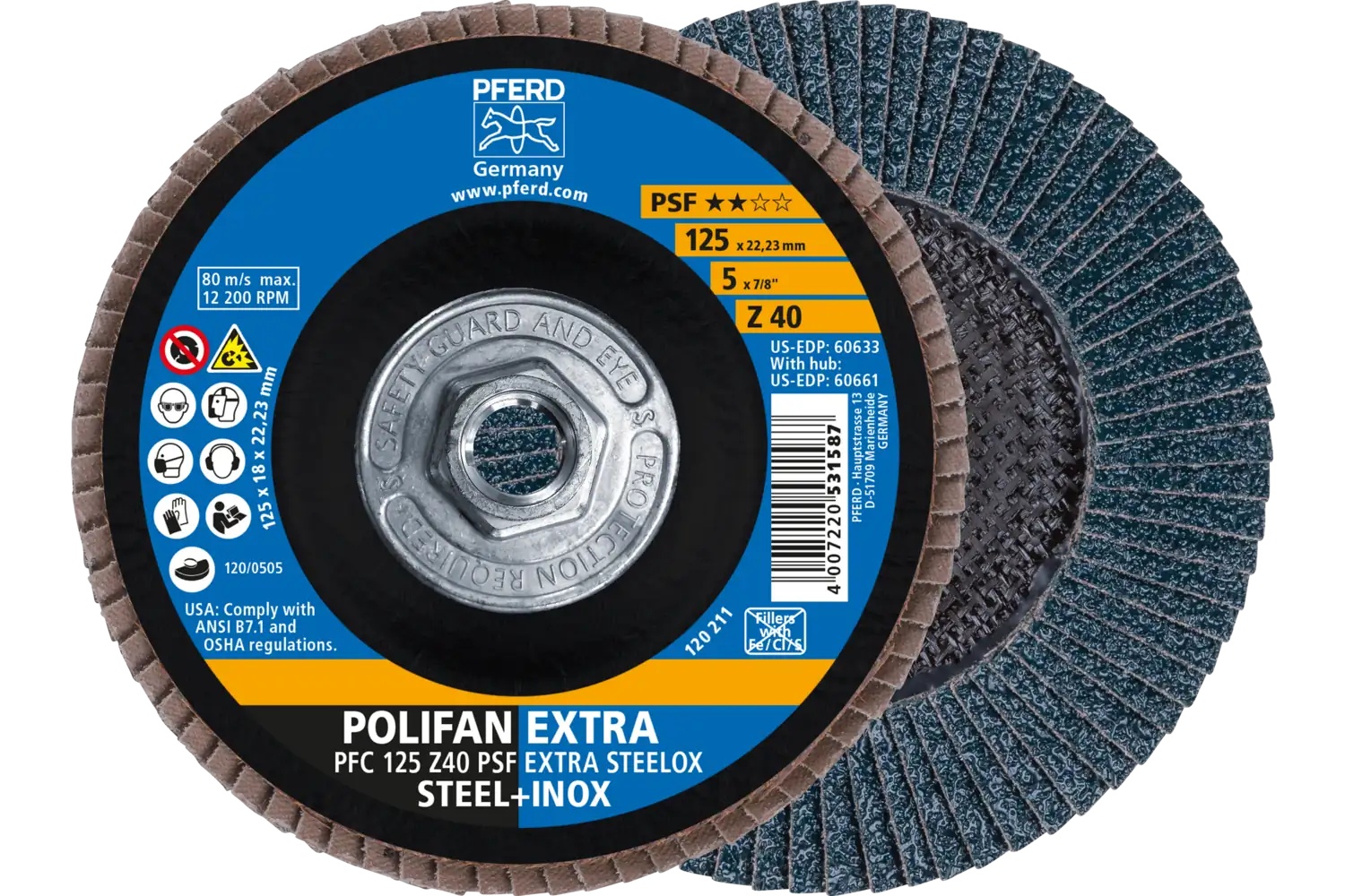 Picture of Pferd Flap Disc, 5" x 5/8-11, Z PSF Extra Steelox, 40 Grit, T29, Conical, Zirconia